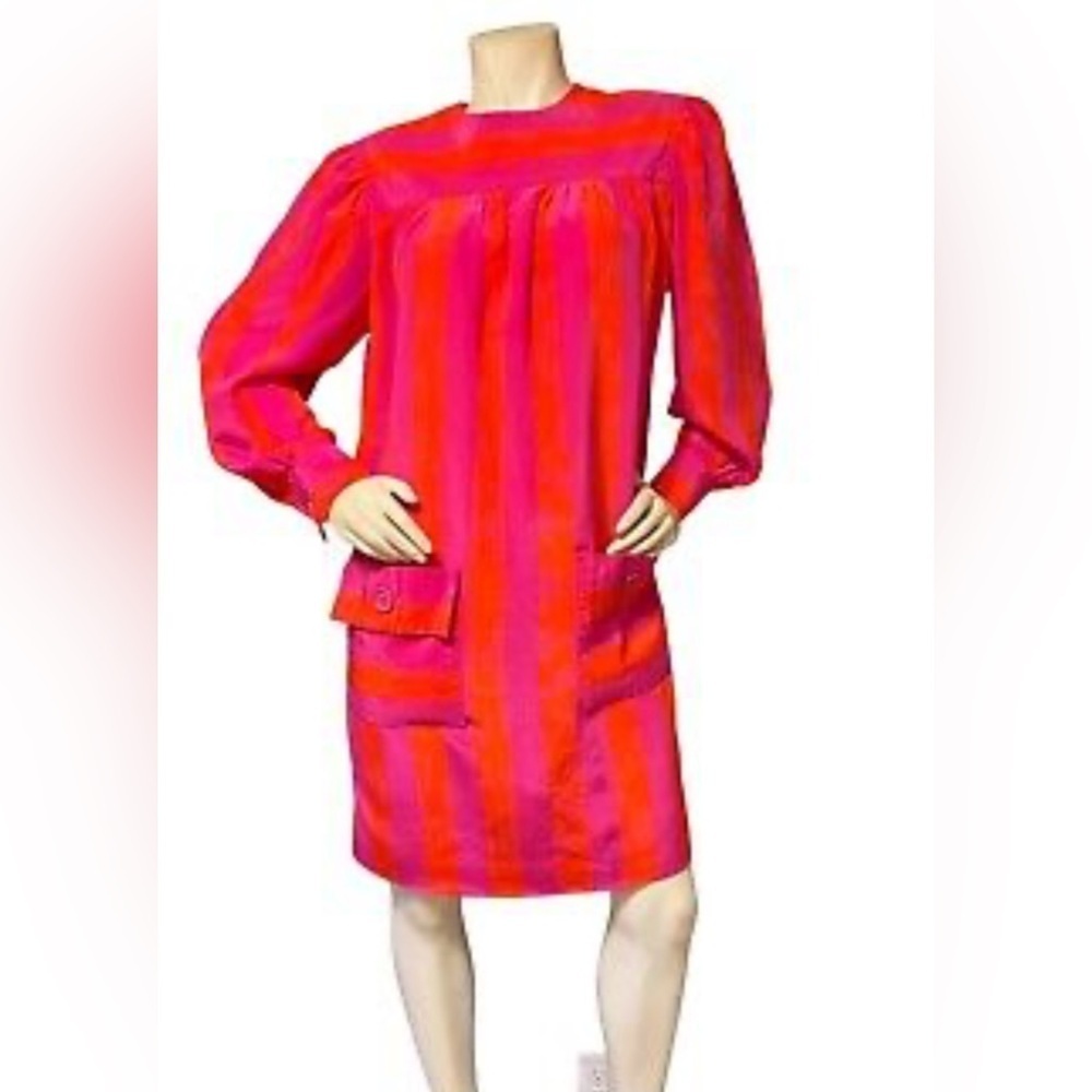 VINTAGE ADELE SIMPSON SILK COCKTAIL SHIFT DRESS PINK ORANGE Striped Size 12.